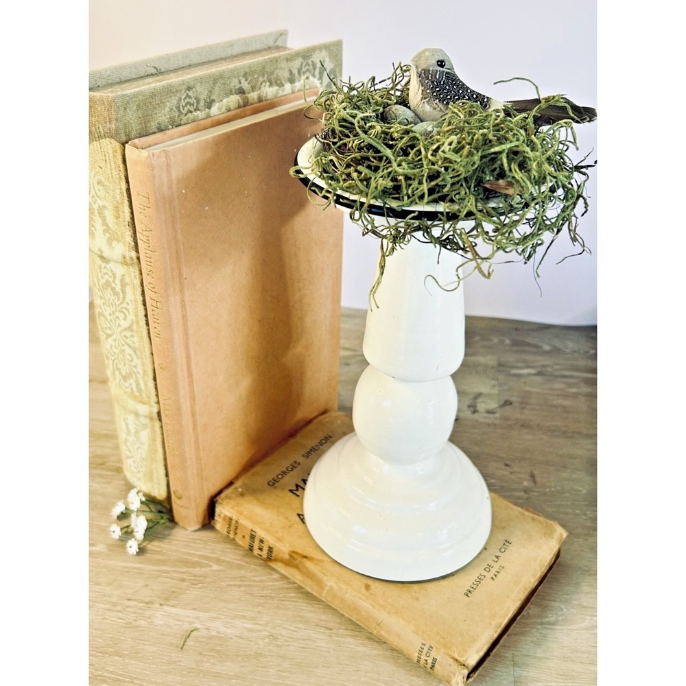 French Cottage Farmhouse Decorative Pedestal Riser White Enamel Shelf Decor